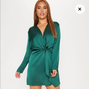 Plus Emerald Green Satin Long Sleeve Wrap Dress
